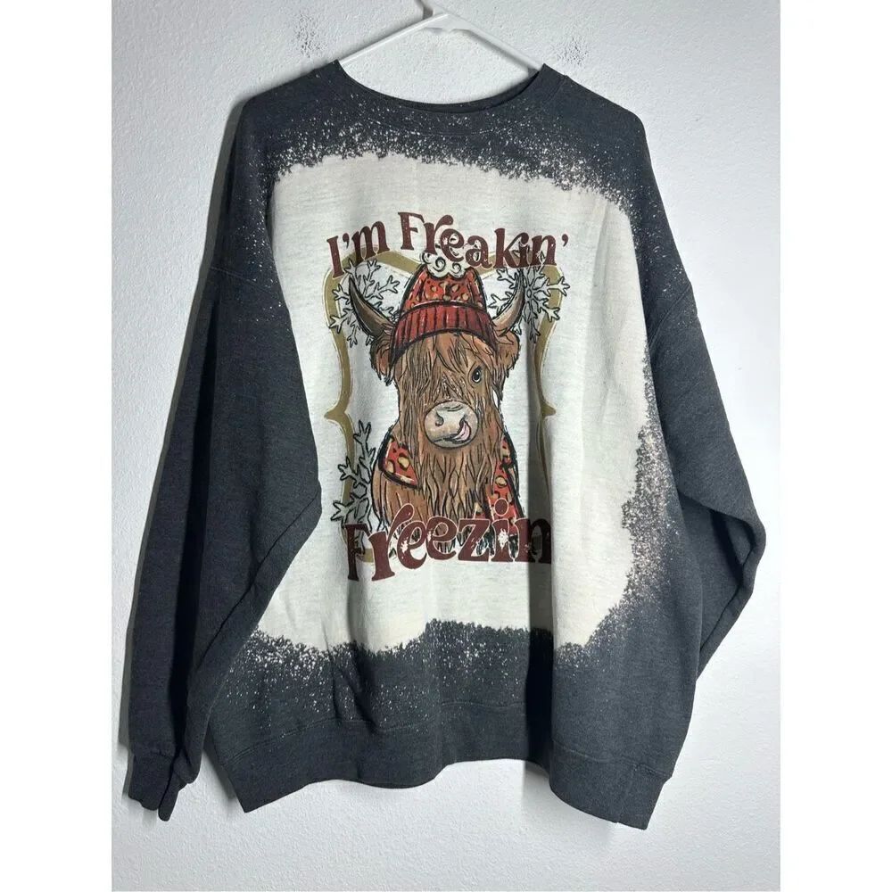Rare Vintage Hanes Gray Cow Sweatshirt I am Freakin Freezin Size XL Cotton Blend